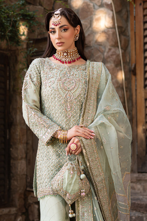 Close-up of gypsy gharara panel in Mah‑e‑Meer with tilla lines, multi-head spray embroidery, adda embellishments, lace, broshia organza detailing.